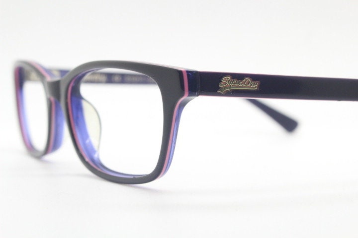 Superdry rectangular low profile eye glasses. Black gloss layered acetate optical frames. Prescription eyeglasses. RX spectacles
