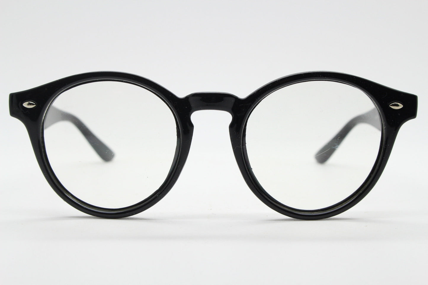 90s vintage black rounded wayfarer style glasses. Black gloss optical frames with clear lenses. Prescription eyeglasses. RX spectacles
