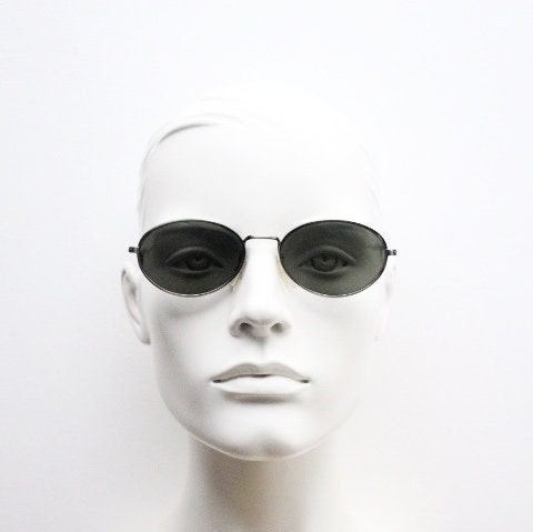 90s vintage metal oval sunglasses. Minimal brushed bronze finish brown frame with plain green lenses. Steampunk. Unused NOS