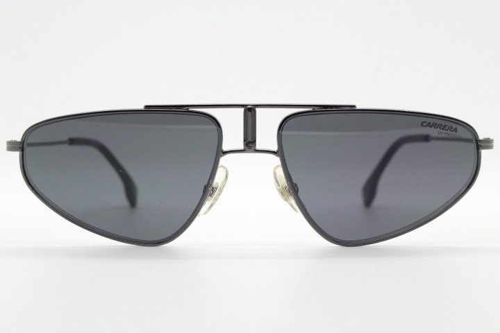 Carrera 90s vintage triangular aviator sunglasses model 1021/S. Gunmetal grey chrome flat top metal frame aviators with black lenses