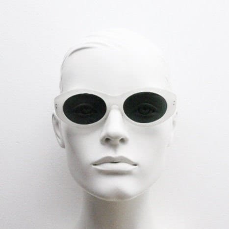Marconi Vintage 90s oval cat eye sunglasses model 2090. Transparent chunky white acetate frosted cat eye with contrasting dark lenses. NOS