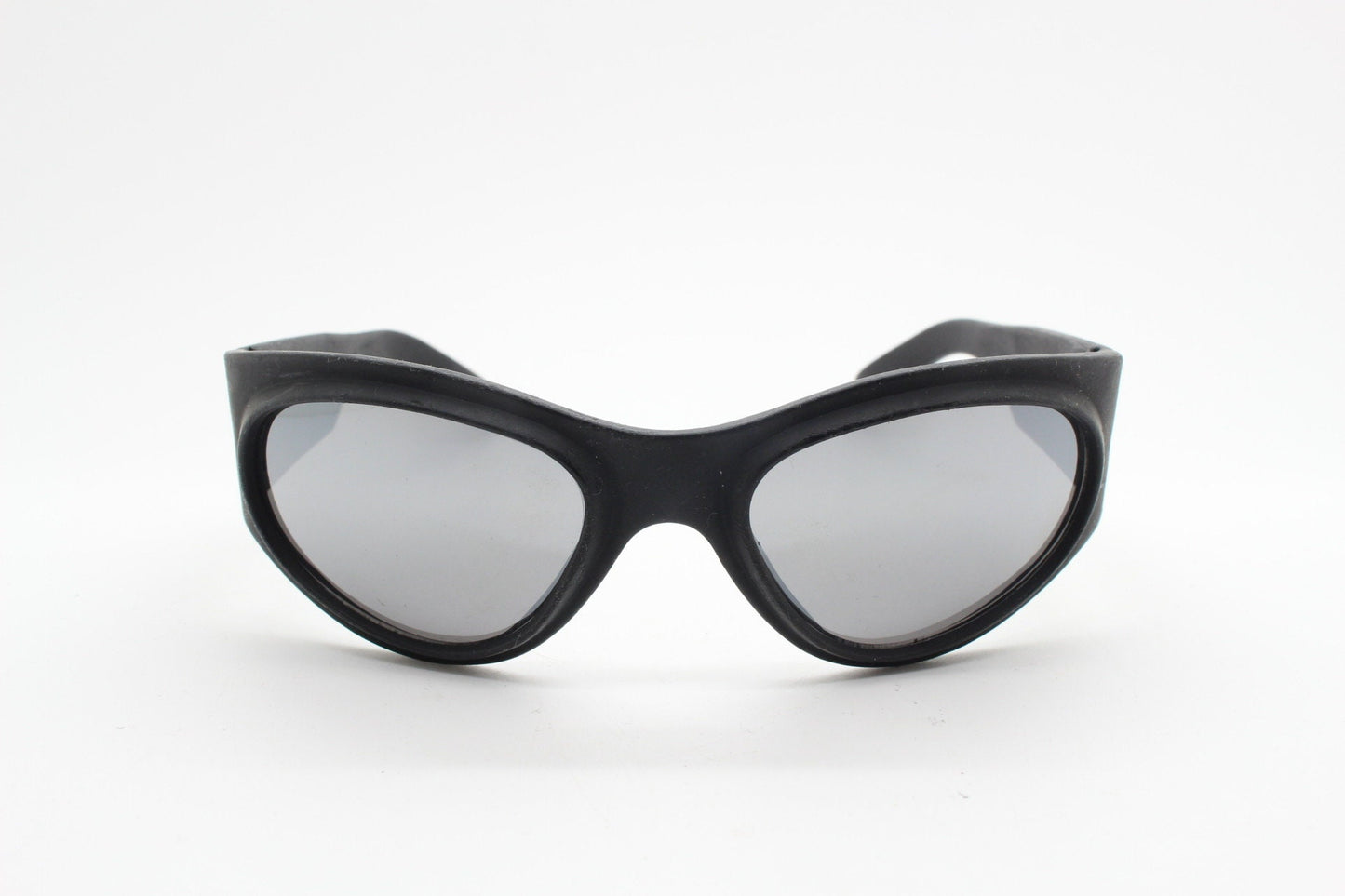 90s vintage futuristic super hero bug eye goggle sunglasses. Black rubber wrap around sporty shield frame with mirror lens. 2000s. Y2K. NOS