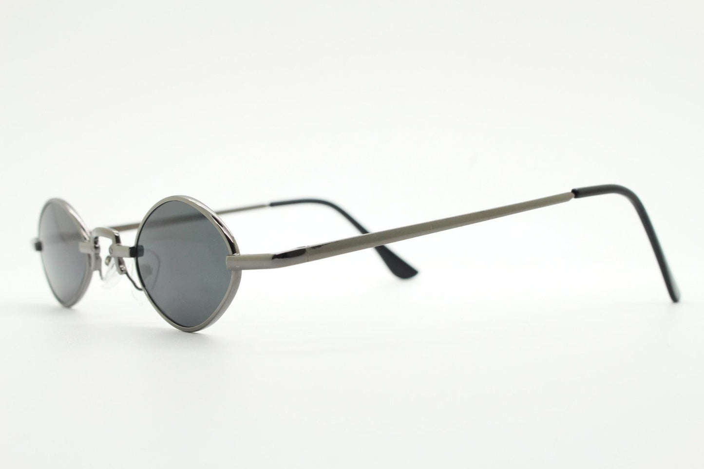 90s vintage small oval sunglasses. Imposing minimal gunmetal grey metal victorian style frame with black lenses. Steampunk. Unused BNWT