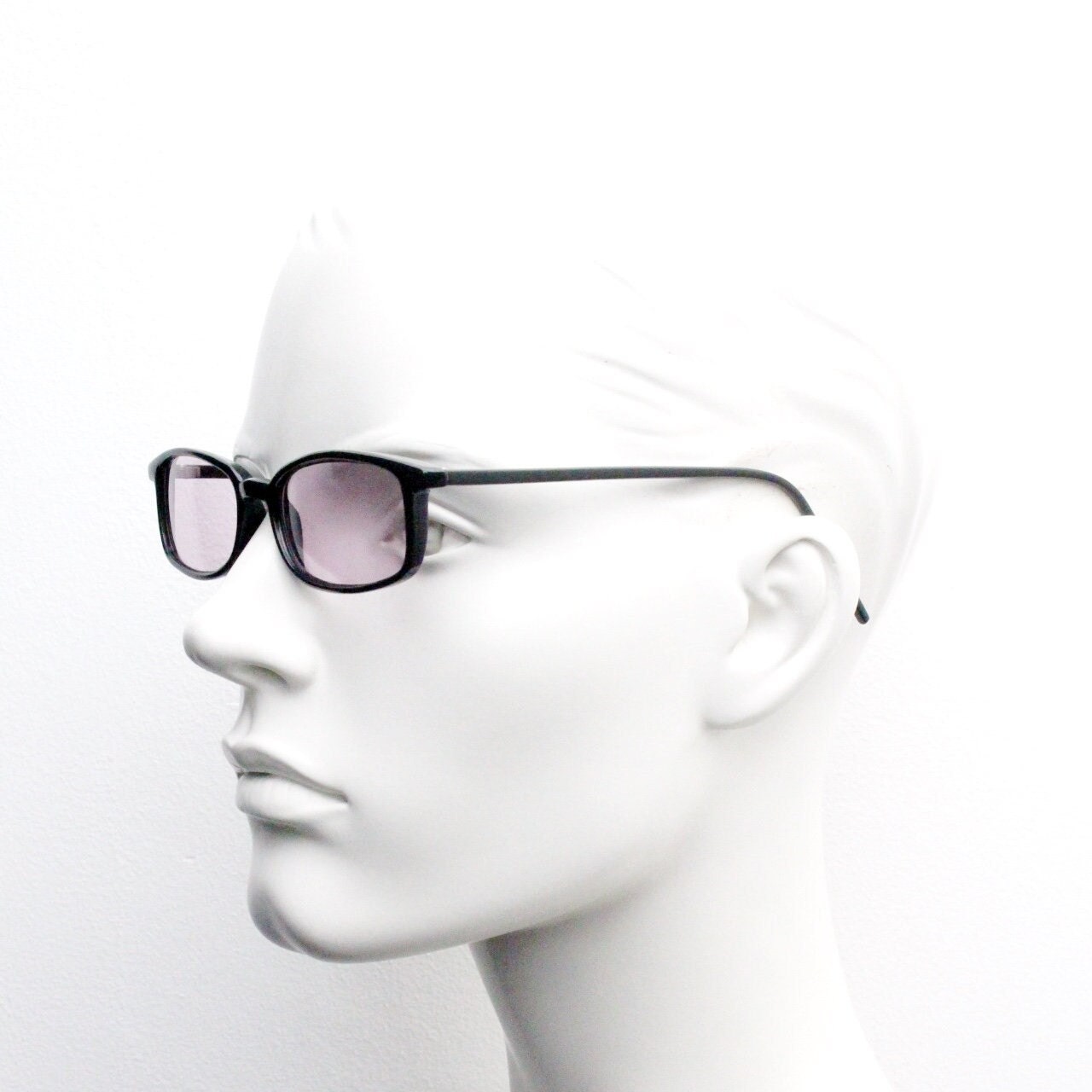 90s vintage rectangular sunglasses. Slim low profile black gloss frame with extra light tone lilac purple lenses. Y2K 2000s. BNWT Unused NOS
