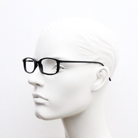 90s vintage modified wayfarer design eye glasses. Black low profile slim optical frames. Prescription eyeglasses. RX Spectacles. NOS