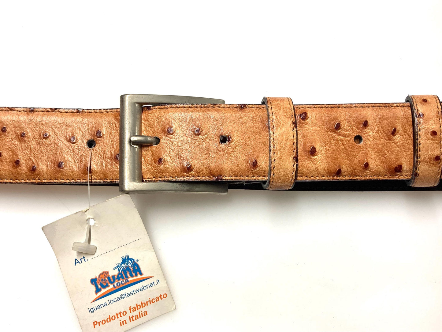 90s vintage fawn / brown genuine leather belt made in Italy by Iguana. Textured finish made to look like Ostrich. BNWT. NOS. Mens XL