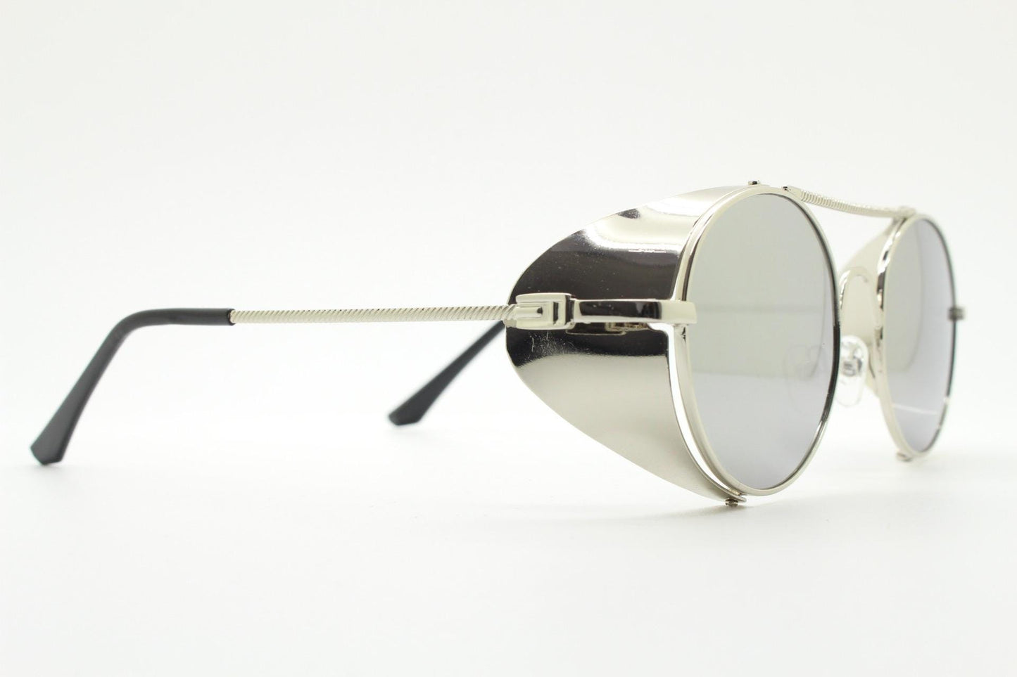 90s vintage round goggle sunglasses. All metal silver chrome frame with folding side blinkers. Spoilers. Steampunk. Cosplay. NOS