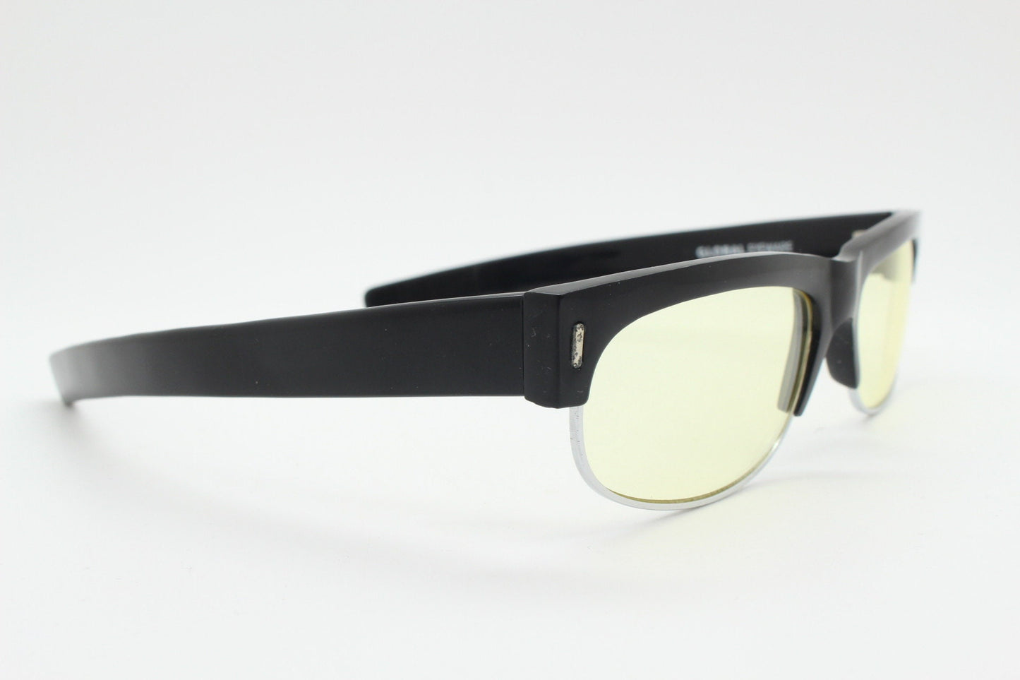 90s vintage half frame glasses. Black gloss low profile flat top design with straight arms and clear lenses. Unused NOS