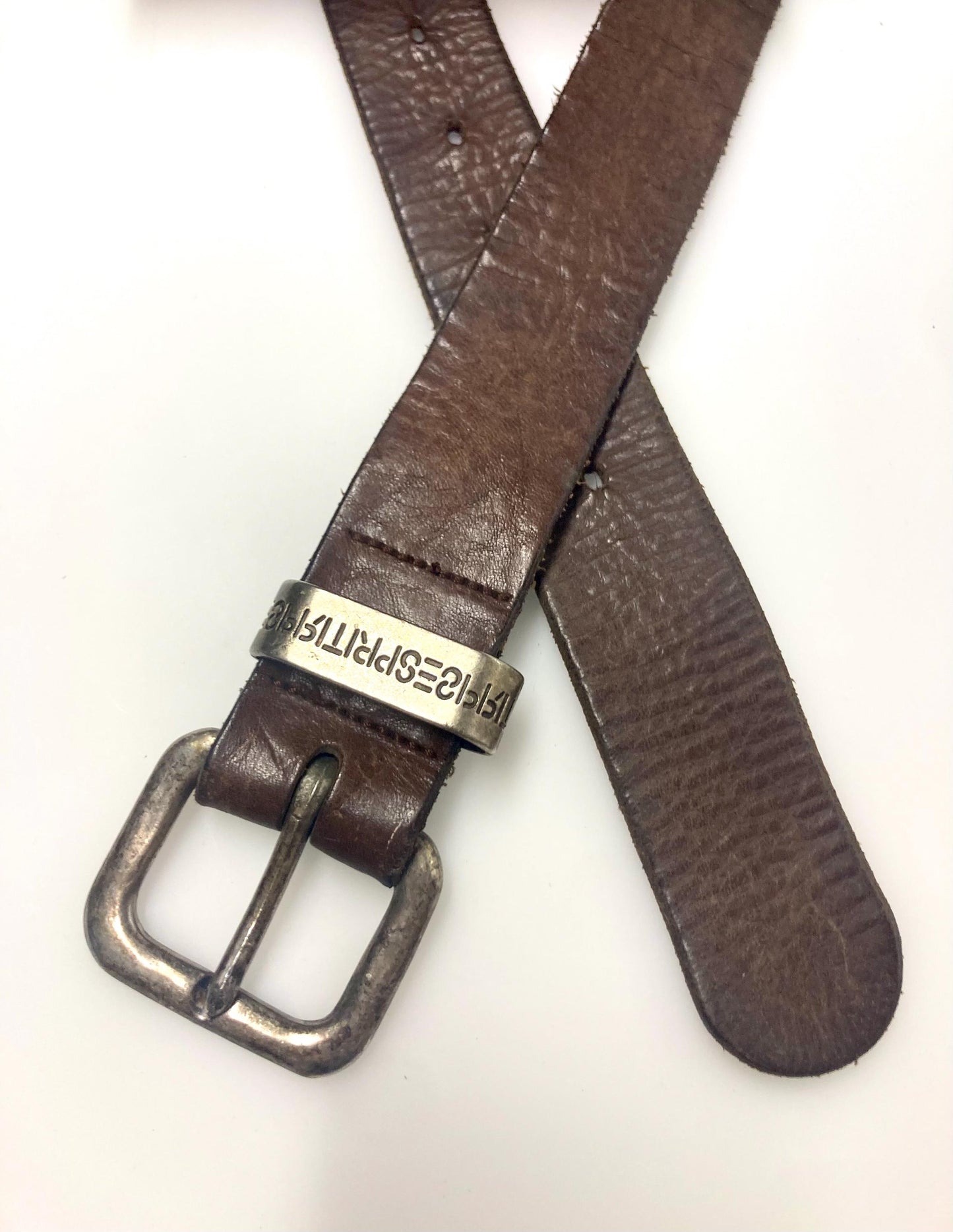 Esprit 90s vintage thick brown genuine leather belt for jeans with brass buckle. Original full grain textured cowhide finish