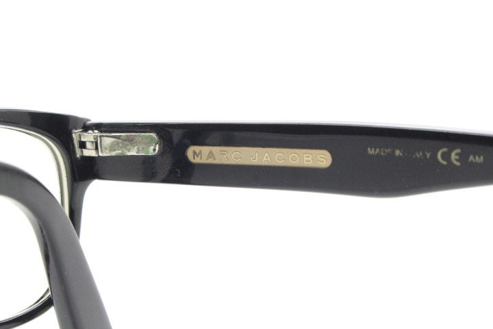 Marc Jacobs rectangular low profile eye glasses. Chunky plain black gloss acetate optical frames. Prescription eyeglasses. RX spectacles