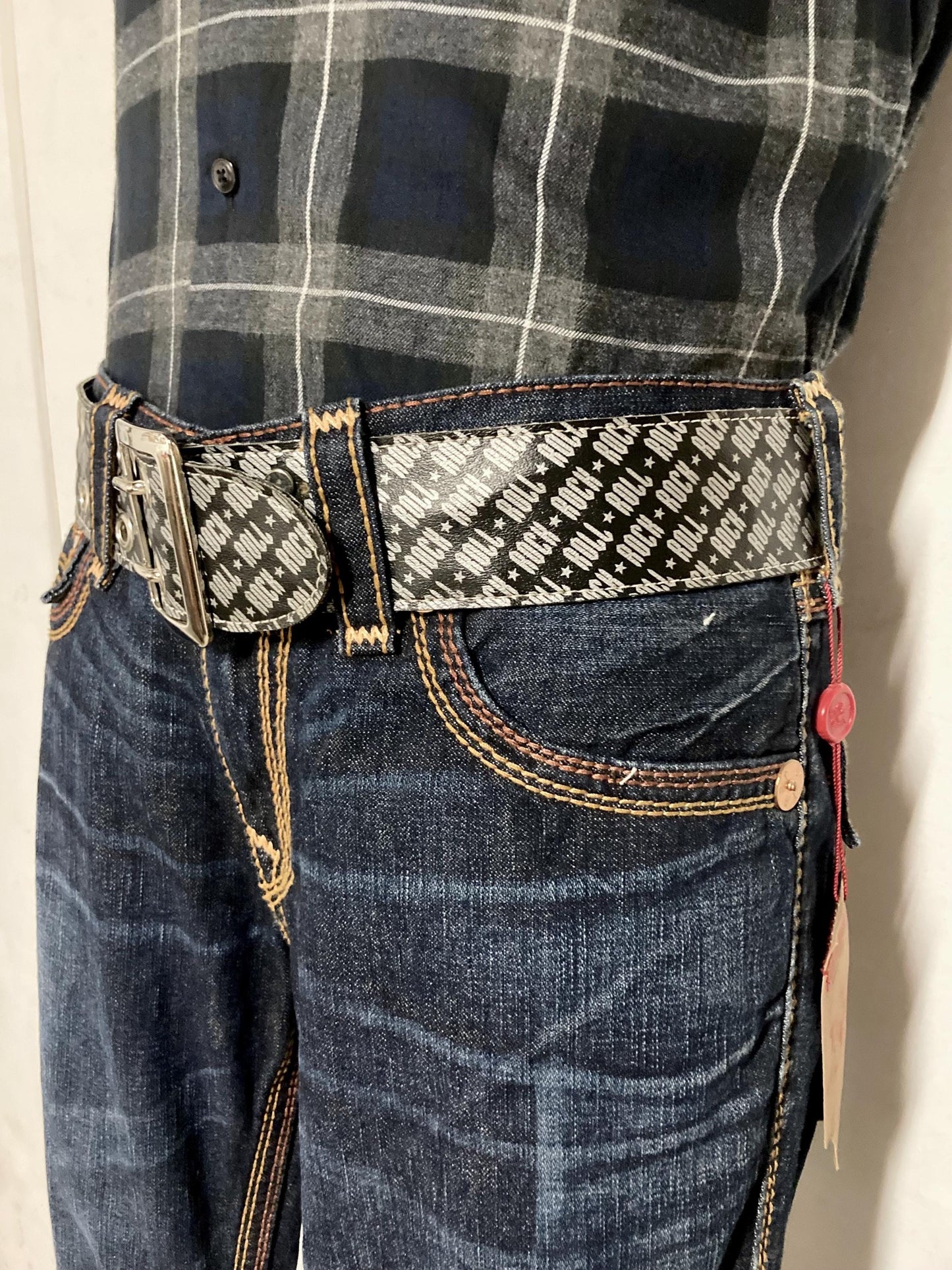 Paul Frank Y2K vintage mens big 'Rock n Roll' designer belt in black and silver. Made in the USA. 2000s NOS Mens large