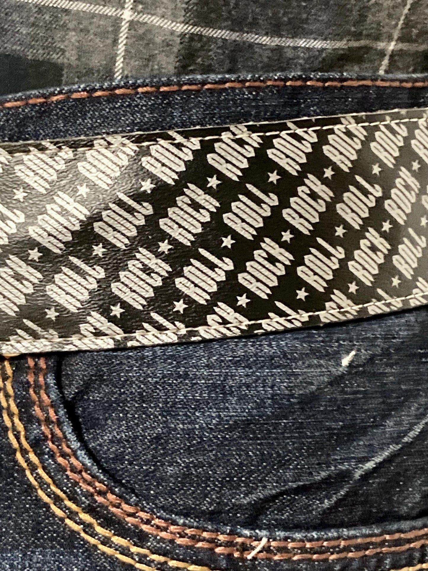 Paul Frank Y2K vintage mens big 'Rock n Roll' designer belt in black and silver. Made in the USA. 2000s NOS Mens large