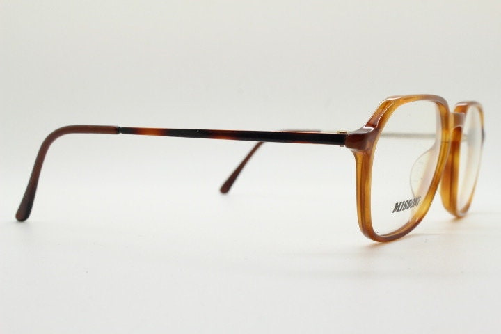 Missoni 90s vintage square hexagon eye glasses made in Italy. Transparent brown optical frames with enamel tiger arms. Prescription RX NOS