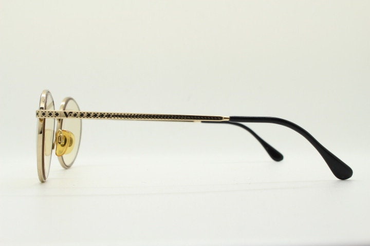 Vogue women's round eye glasses made in Italy. Gold chrome panto optical frame with indented diamond patterns. Prescription RX spectacles