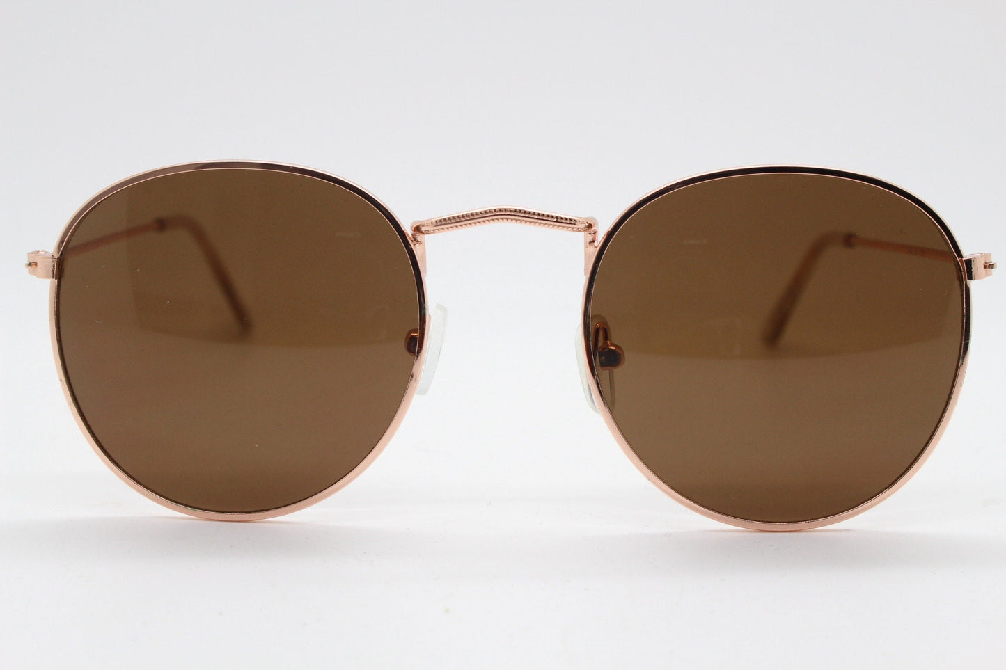 90s vintage round metal sunglasses, 60s style rose gold frame with brown lenses. NOS panto