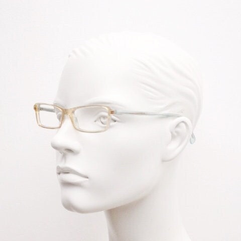 Alain Mikli rectangular eye glasses hand made in France. Low profile slim peach and blue transparent acetate optical frame. Prescription RX.