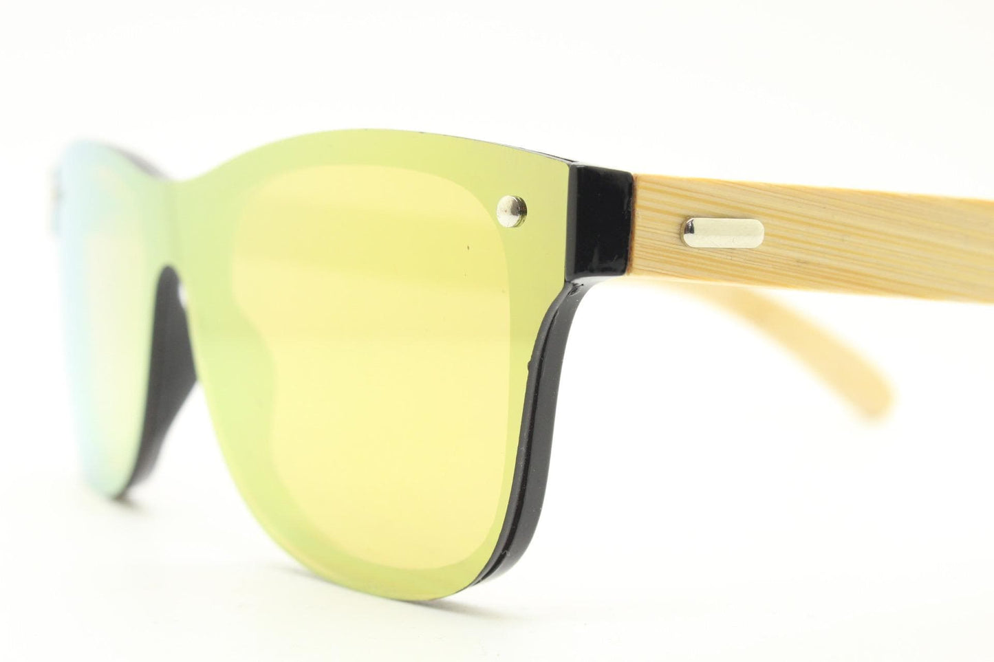 Modified wayfarer design mono lens sunglasses. Gold mirror flat front with beige real wooden arms. Unused NOS