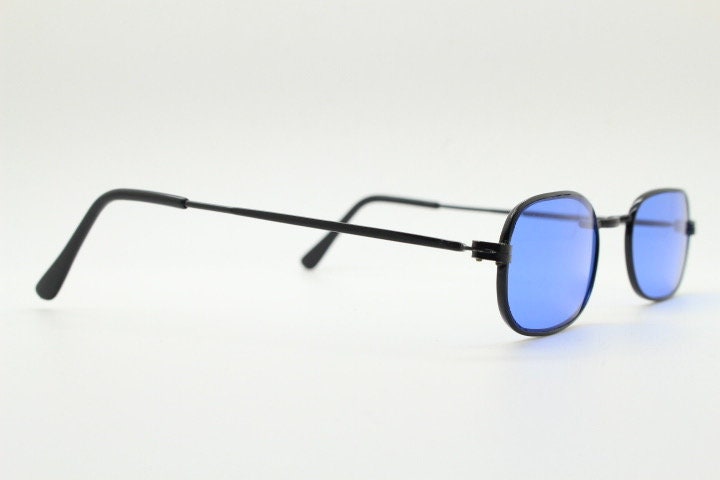 90s vintage minimal metal rectangular sunglasses. Small black frame with striking cobalt blue luxury real glass lenses. NOS