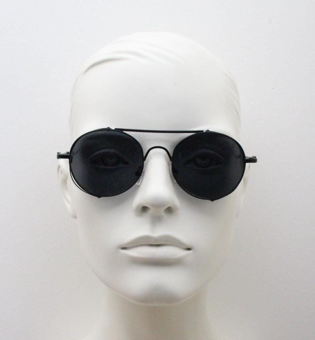 90s vintage round goggle sunglasses. All metal black satin frame with folding side blinkers. Spoilers. Steampunk. Cosplay. NOS