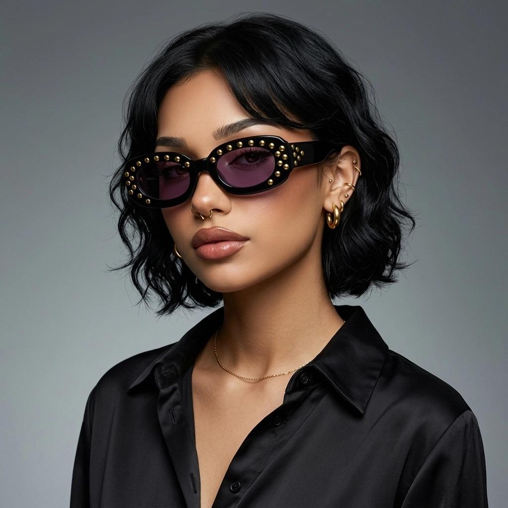 Lanvin vintage thick frame oval sunglasses with large golden dome studs. Womens 60s shape black acetate frame with atmospheric purple lenses