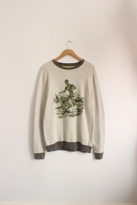 YMC slim fit ribbed collar crew neck sweatshirt with big surfer print. Round neck pullover. Mens medium jumper. Exclusive vintage sample
