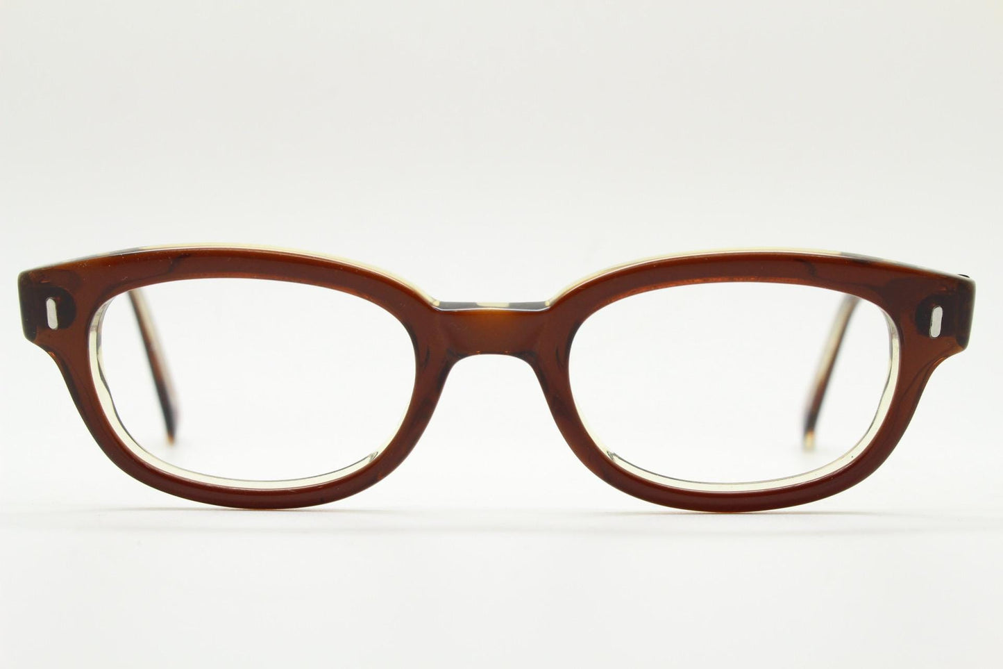 No Name eyewear rectangular low profile eye glasses. Quality brown gloss acetate optical frames. Prescription vintage RX spectacles