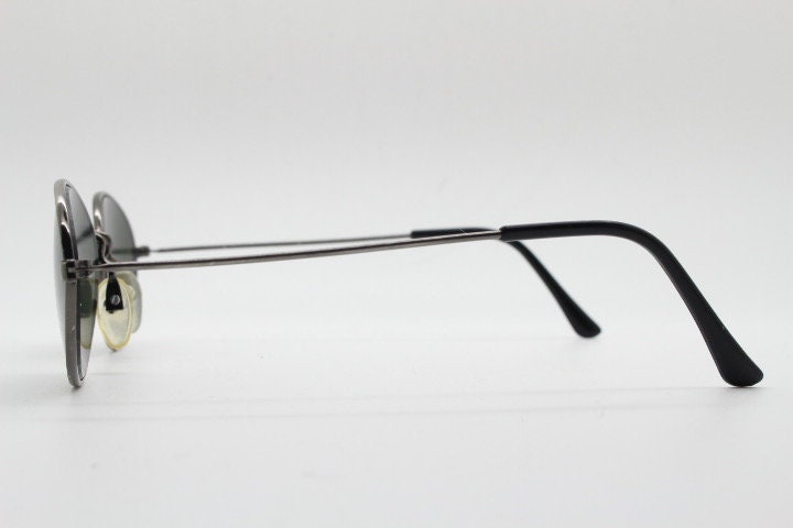 90s vintage metal oval sunglasses. Minimal brushed bronze finish brown frame with plain green lenses. Steampunk. Unused NOS