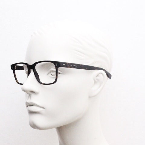 Hugo Boss rectangular eye glasses. Brown satin finish tortoise acetate optical frames. Prescription eyeglasses. Mens vintage RX Spectacles