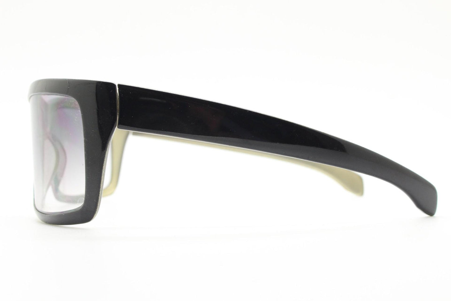 Y2k vintage wrap around large rectangular sunglasses. Curved black gloss frame with tasteful graduating lenses. 2000's NOS