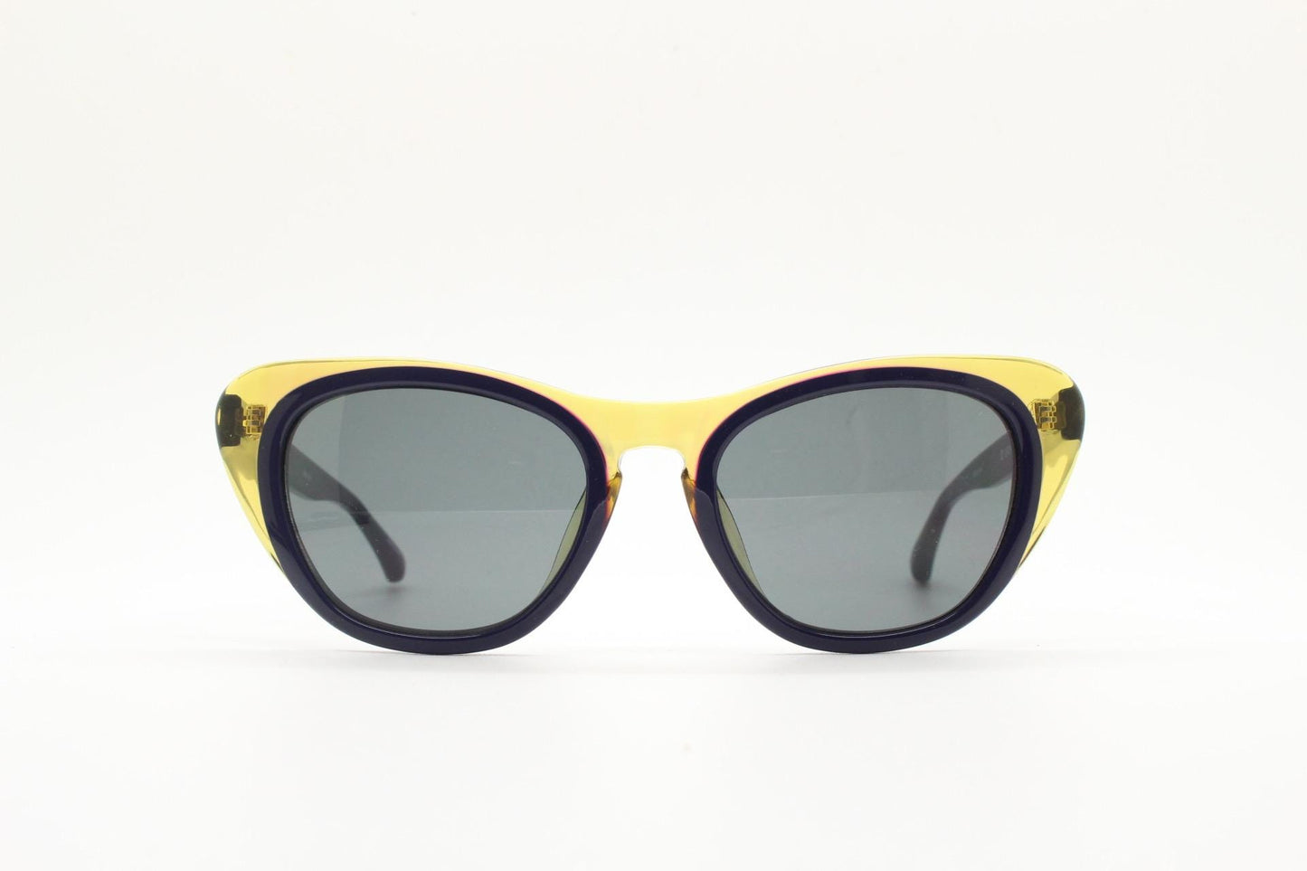 Linda Farrow cat eye sunglasses made in Japan by Erdem. Black with transparent amber outline. Luxe Gallery Projects Vintage. NOS Full Set