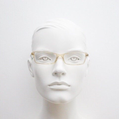 Alain Mikli rectangular eye glasses hand made in France. Low profile slim peach and blue transparent acetate optical frame. Prescription RX.