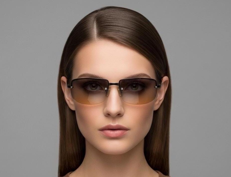 Y2K vintage curved rectangular sunglasses. Minimal half frame in brown chrome with grey to amber fade lenses. 2000's. 00's NOS