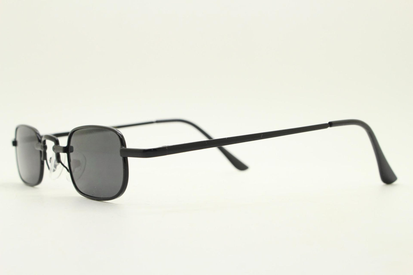 90s vintage small rectangular sunglasses. Imposing minimal gunmetal grey victorian style frame with black lenses. Steampunk. Unused NOS