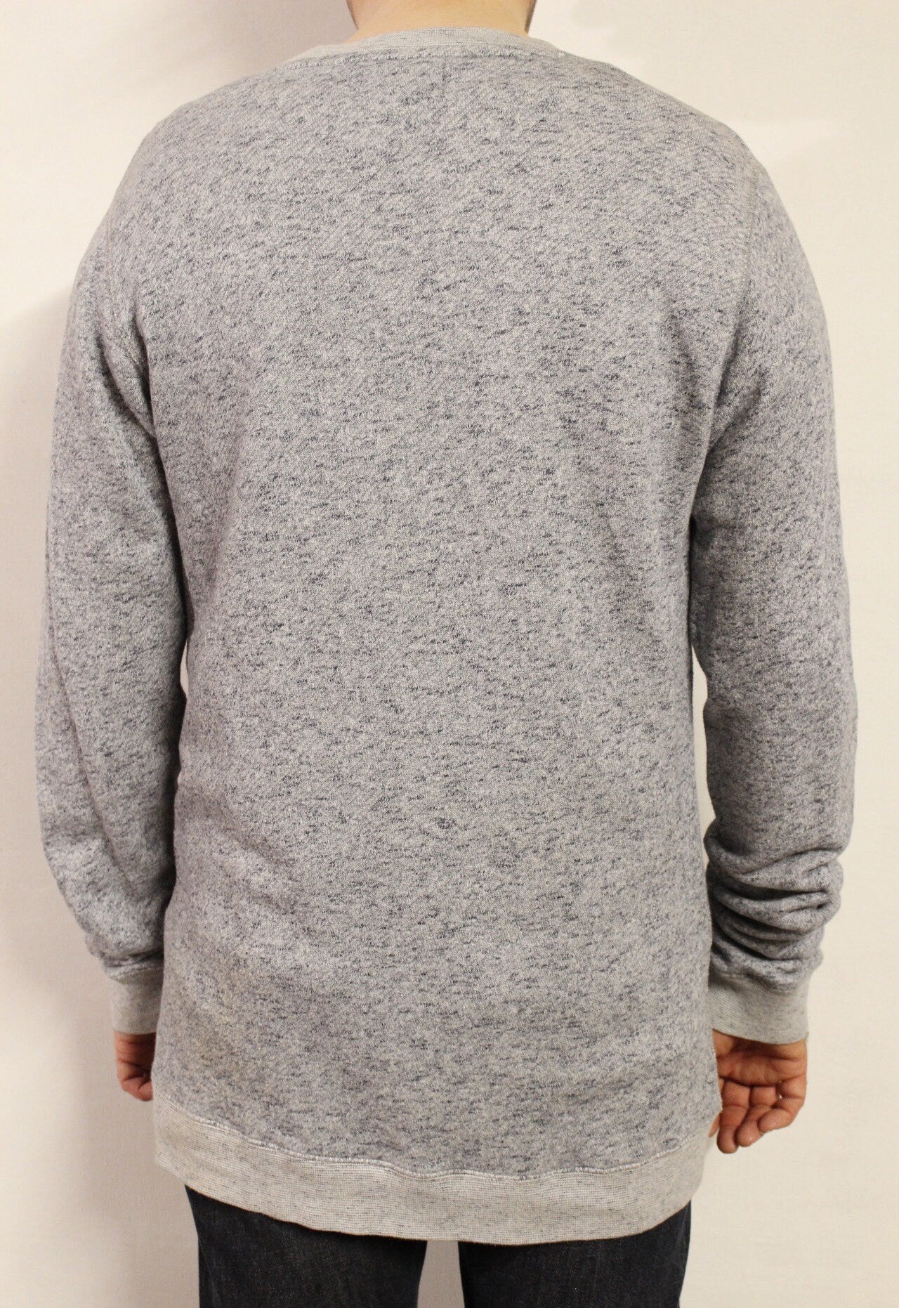 Shore Leave grey fleck long sweatshirt. Crew neck pullover with outside chest pocket. Pure cotton round neck mens jumper