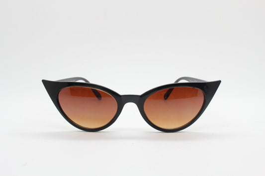 Y2K vintage pointed cat eye sunglasses. Womens black slender 50s style frame with Havana brown lenses. Rockabilly, bad girl pin up