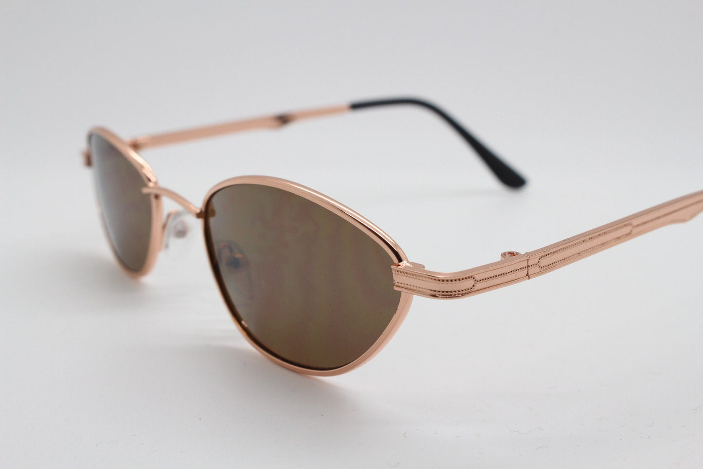 90s vintage low profile angular sunglasses. Minimal small rose gold metal frame with brown lenses, Unused. BNWT
