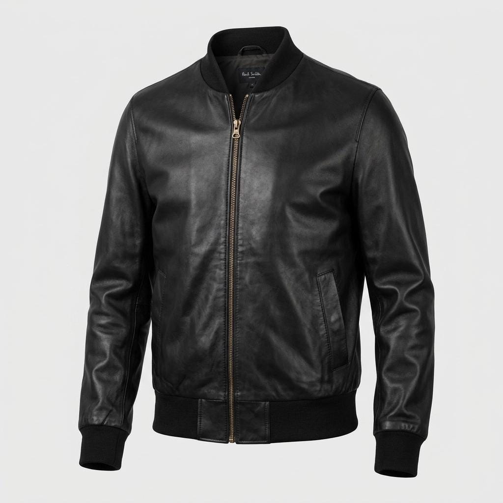 Paul Smith high collar bomber jacket. Plain black lambskin minimal flap pocket mens zipper. Ribbed collar. Size Medium