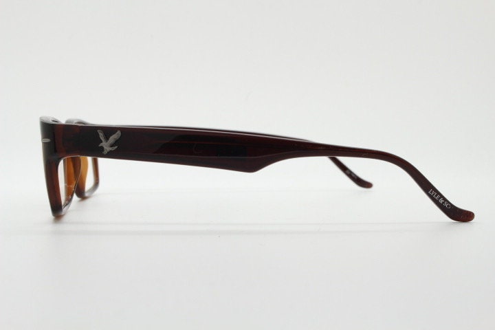 Lyle and Scott rectangular flat top eye glasses. Dark brown gloss optical frames. Prescription eyeglasses. RX Spectacles. Vintage