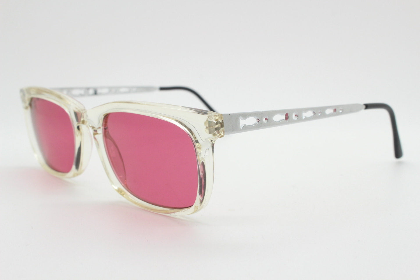 90s vintage futuristic crystal  sunglasses. Rectangular transparent frame with extraordinary arm cut outs and shocking pink lenses. NOS