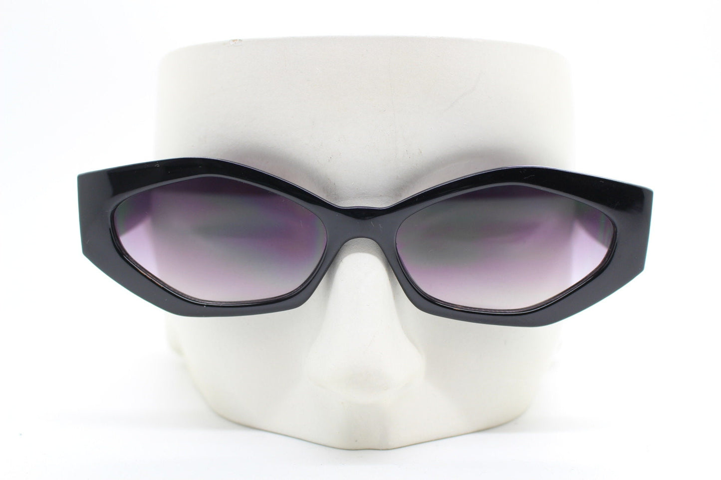 Vintage 90s low profile hexagon sunglasses. Jet black sharp angled 6 sided frame with full height arms and smoky lenses. Unused  BNWT