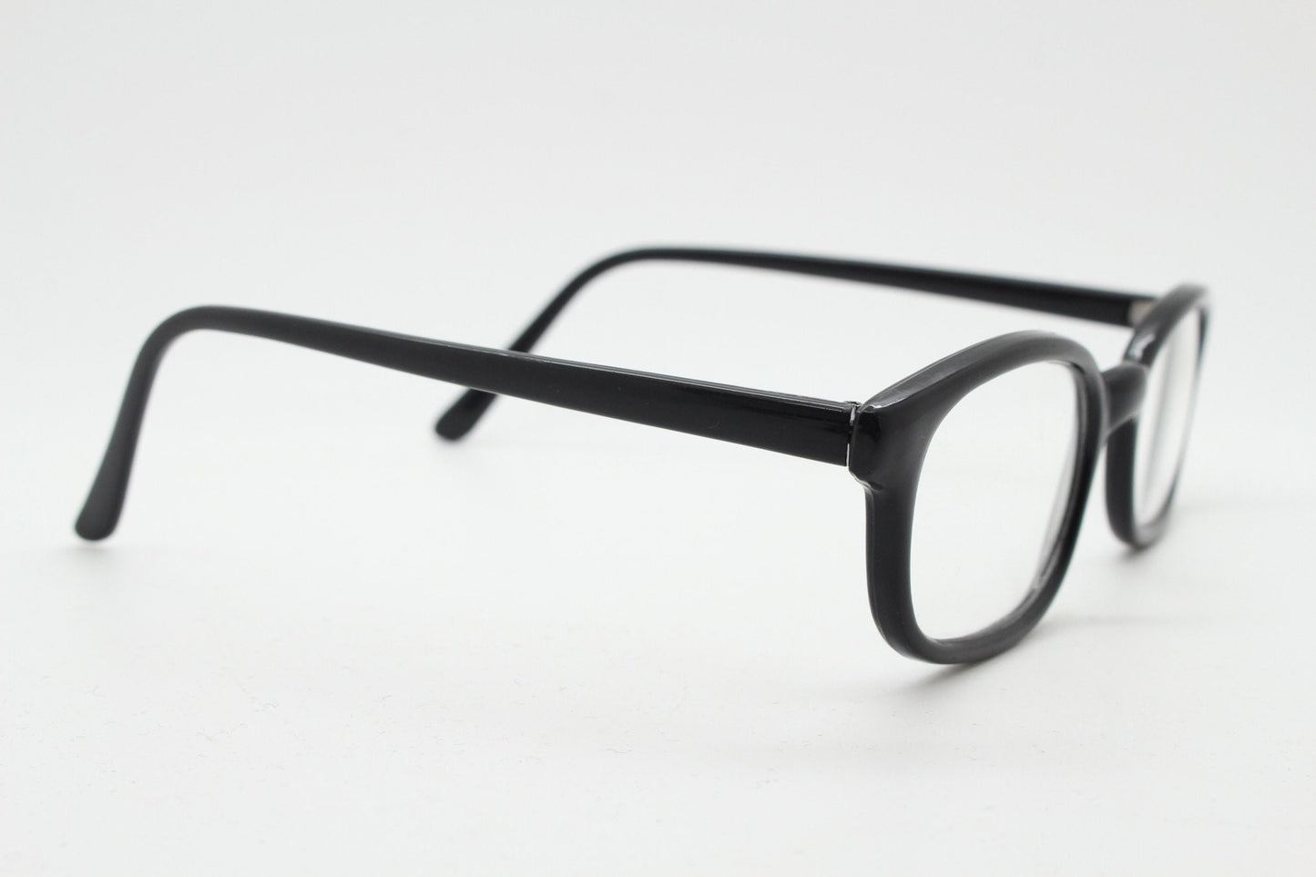 80s vintage low profile wayfarer style glasses. Black acetate optical frames with clear lenses. Prescription eyeglasses. RX Spectacles. NOS