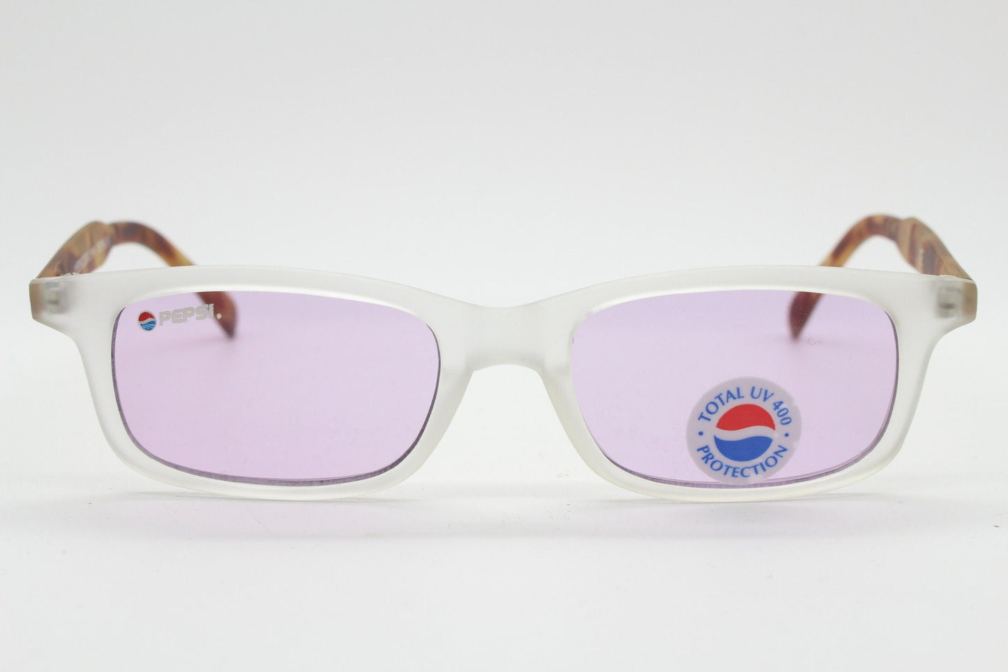 Pepsi 90s vintage sunglasses. Low profile rectangular frosted frame with tortoise arms and extra light tone purple lenses. Unused NOS