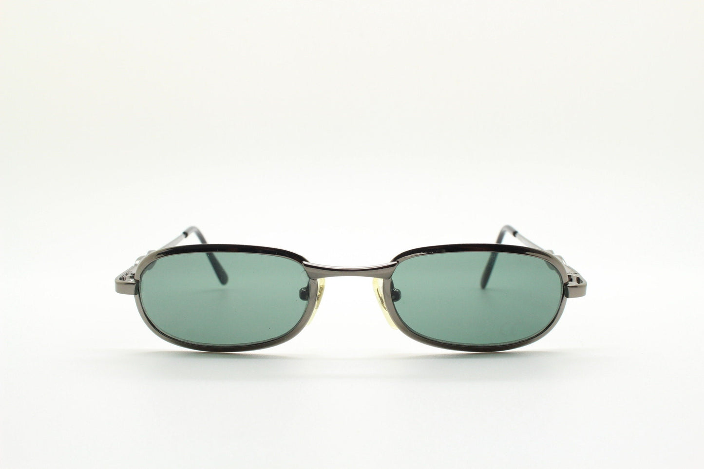 90s vintage oval solid metal sunglasses. Minimal gunmetal grey chrome frame with dark green lenses. Steampunk. Micro. Unused NOS