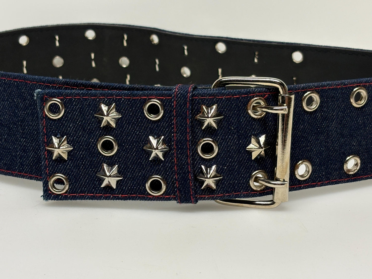 Y2k vintage tall blue denim belt with metal buckle and 3 rows of cool conical star studs and loops. Statement feature piece. 2000s NOS