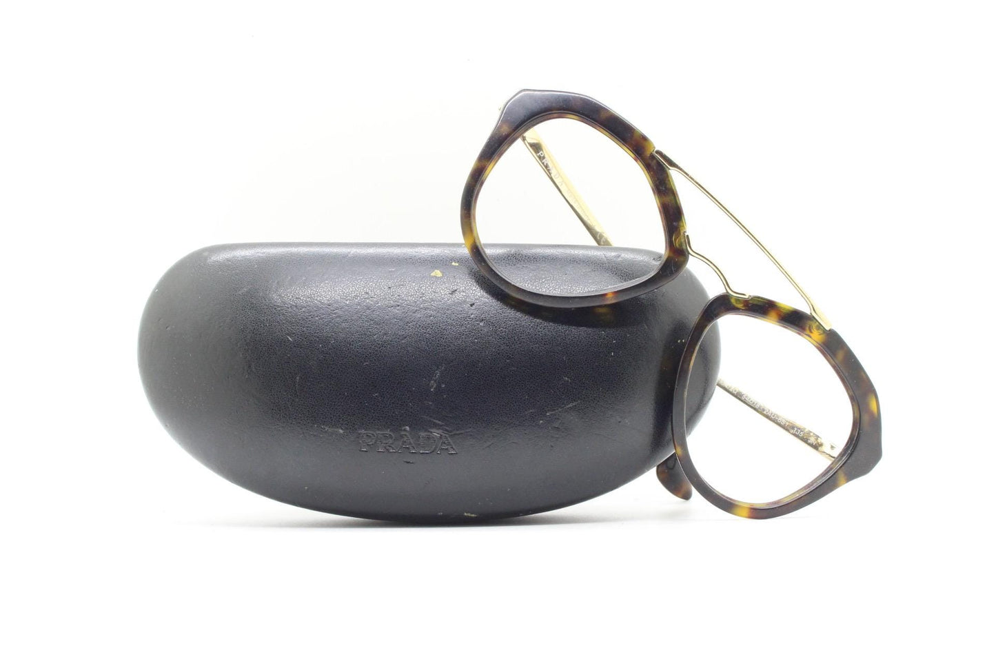 Prada angular eye glasses made in Italy. Thick tortoise acetate optical frames with prominent gold double bridge. Prescription. RX