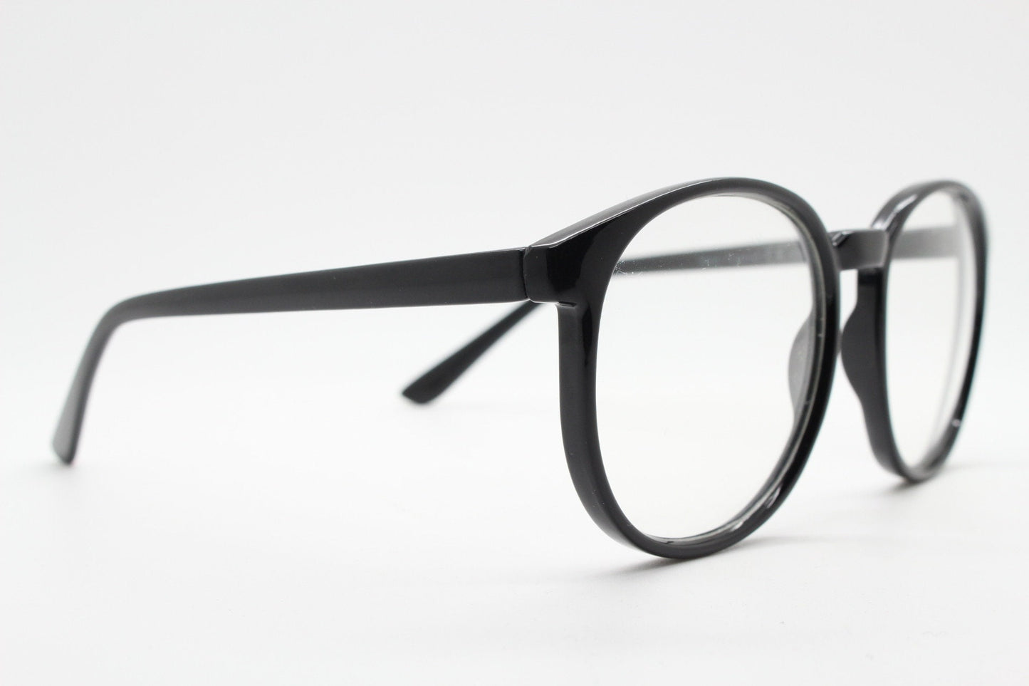 80s vintage black round glasses. Slightly oversized optical frames. Prescription eyeglasses with clear lens. RX spectacles