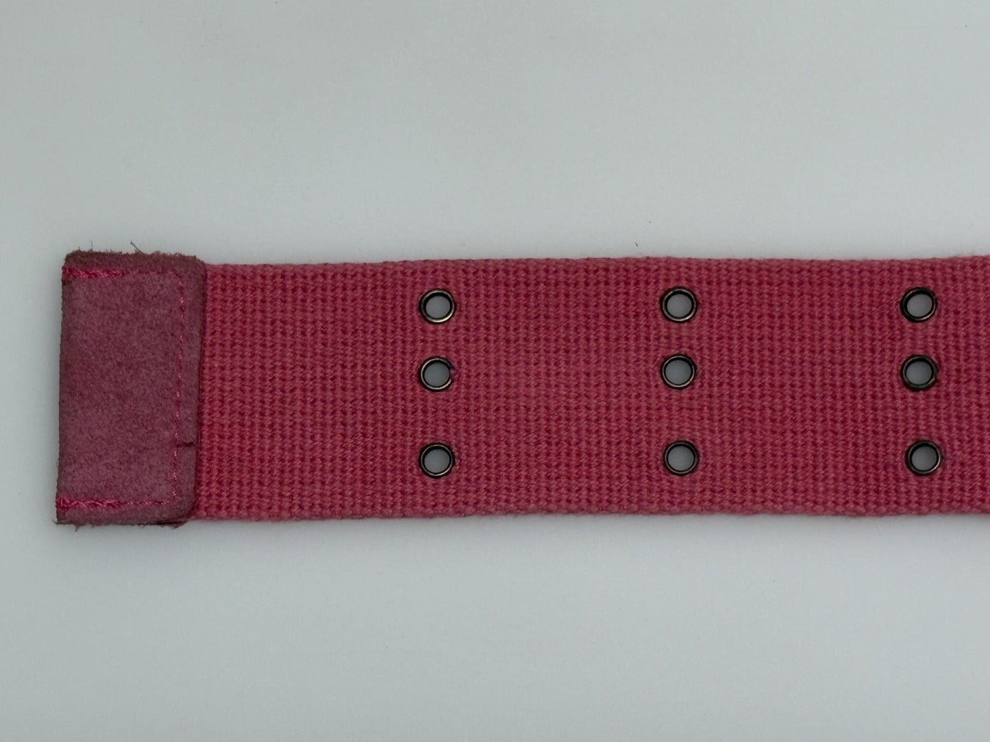 Y2k vintage thick candy pink army style belt with distressed metal buckle and 3 rows of lace holes. Statement feature / to cinch a dress