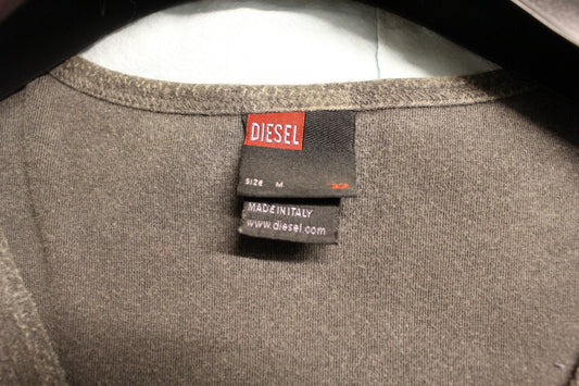 Vintage Y2K Diesel grey fitted fleecy scoop neck pullover with shoulder logo. Womens jumper, 2000s sweatshirt