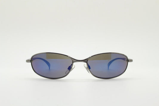 90s vintage oval small bug eye sunglasses. Curved grey chrome finish solid metal frame with blackout mirror lenses. Quality NOS
