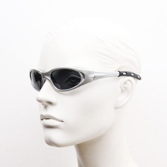Y2K vintage visor sunglasses. Metallic silver superhero style mini mask sport shield with black lenses. Small wrap around. 90s. NOS cosplay